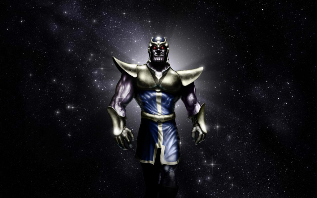 Intimidation Personified: Thanos Looms Large Behind Scarlet's Cosmic Wallpaper
