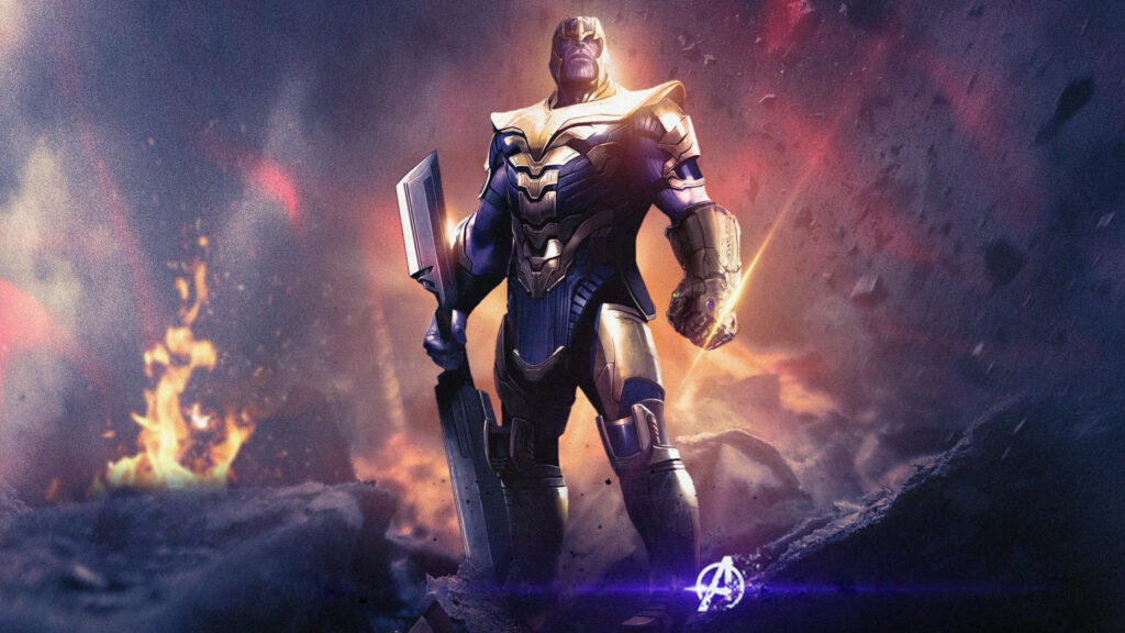 Thanos Wields Power on Fiery Battleground - Stunning Wallpaper Background