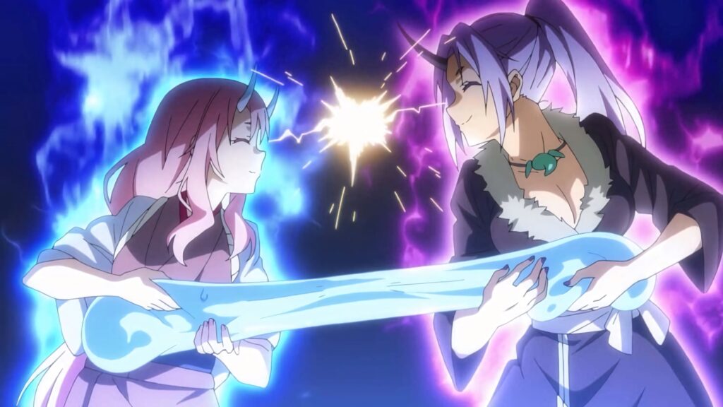 That Time I Got Reincarnated as a Slime anime characters face off pulling glowing slime figure intense energy Wallpaper