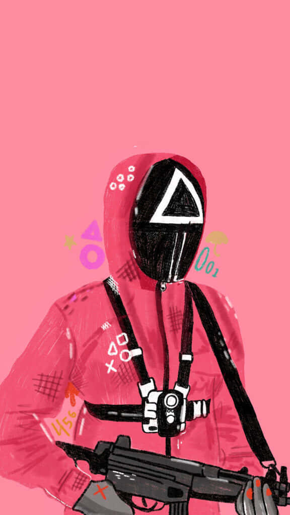 Adorable Squid Game Guard PFP Enhanced with Whimsical Symbolic Decor on Vibrant Pink Background Wallpaper
