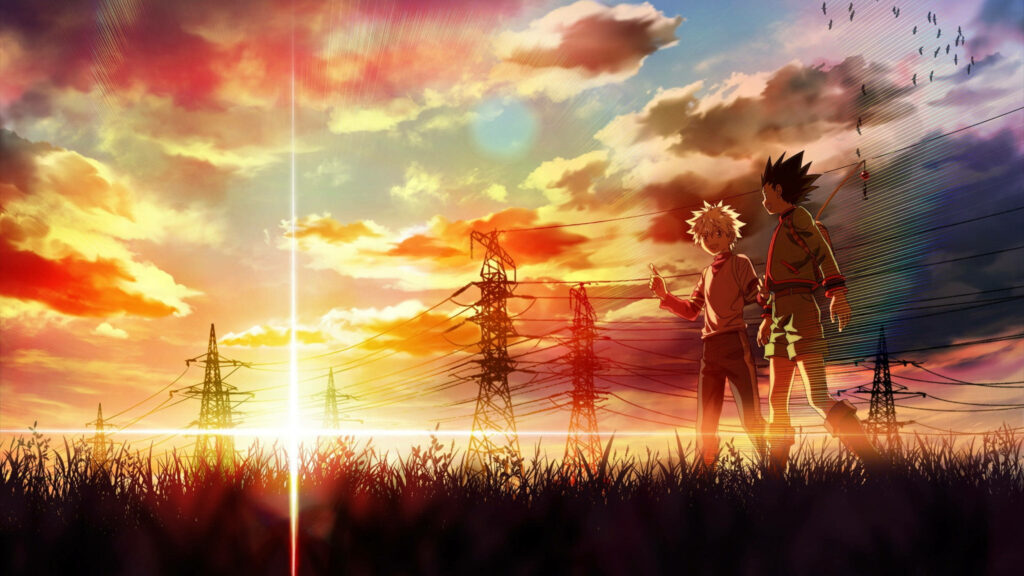 The Adventurous Journey: Gon and Killua Roaming the Sunset-Tinged Grassy Landscape amidst Powerlines Wallpaper