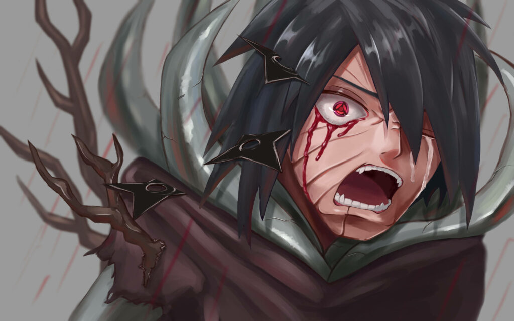 Grief-Stricken Obito Uchiha: Enraged Youth Pierced by Shuriken in Stunning 4K Backdrop Wallpaper