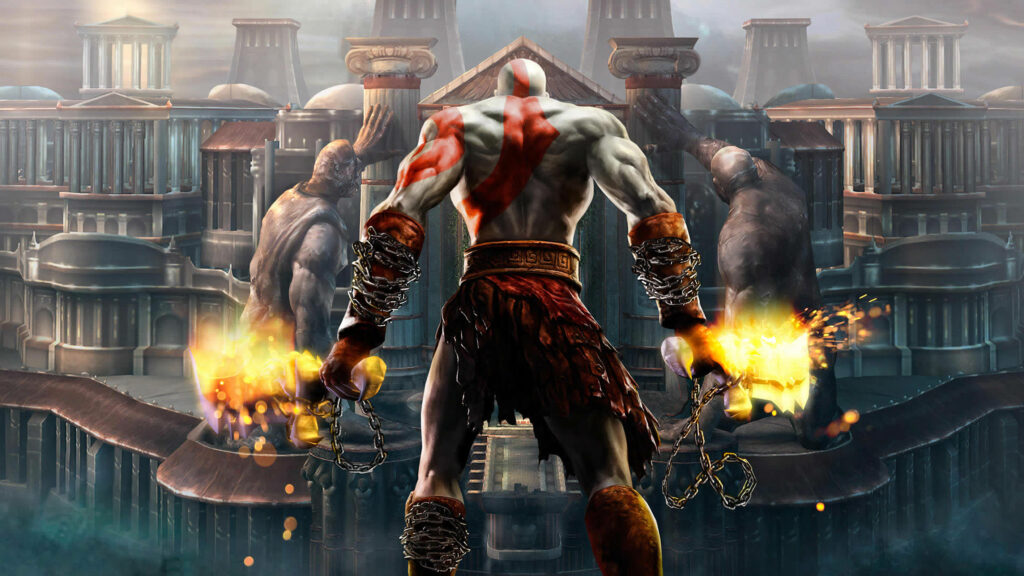 The Fiery God of War II: A Majestic Screenshot that Will Leave You in Awe Wallpaper