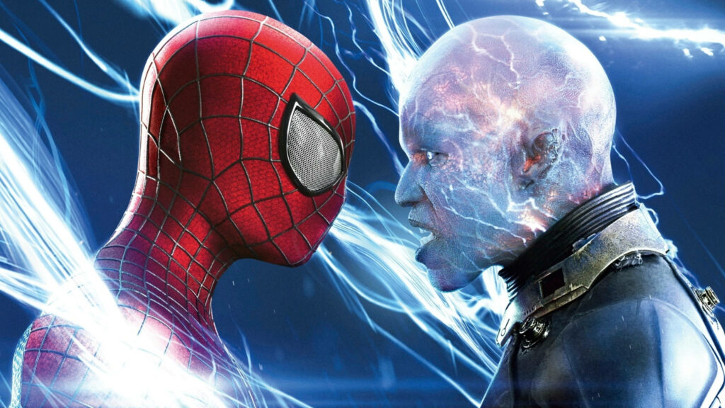 Spider-Man faces off against Electro crackling with blue lightning in Amazing Spider-Man 2 wallpaper