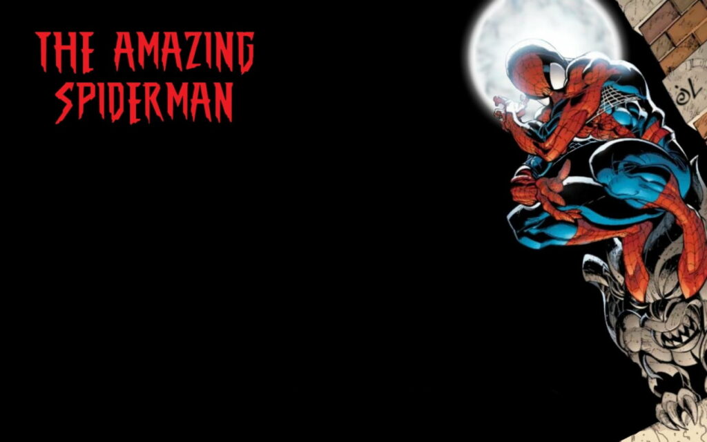 Spiderman crouching on rooftop under full moon with bold red The Amazing Spiderman text wallpaper