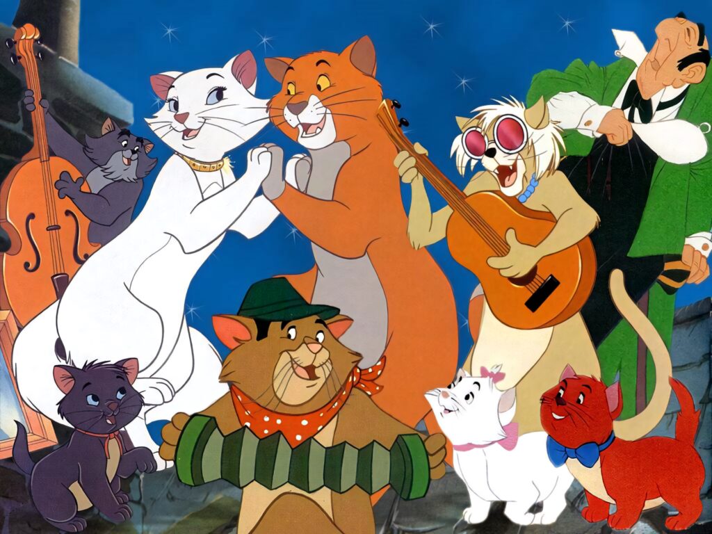 The Aristocats Musical Wallpaper shows playful cats dancing and playing instruments under stars