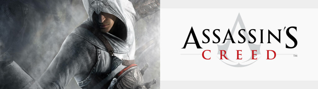 The Dynamic Protagonist in Vigorous Action: A Captivating Visual Chronicle from Assassin's Creed with the Game's Emblem Imprinted on Pure White Canvas Wallpaper in UHD 5K 5120x1440 Resolution