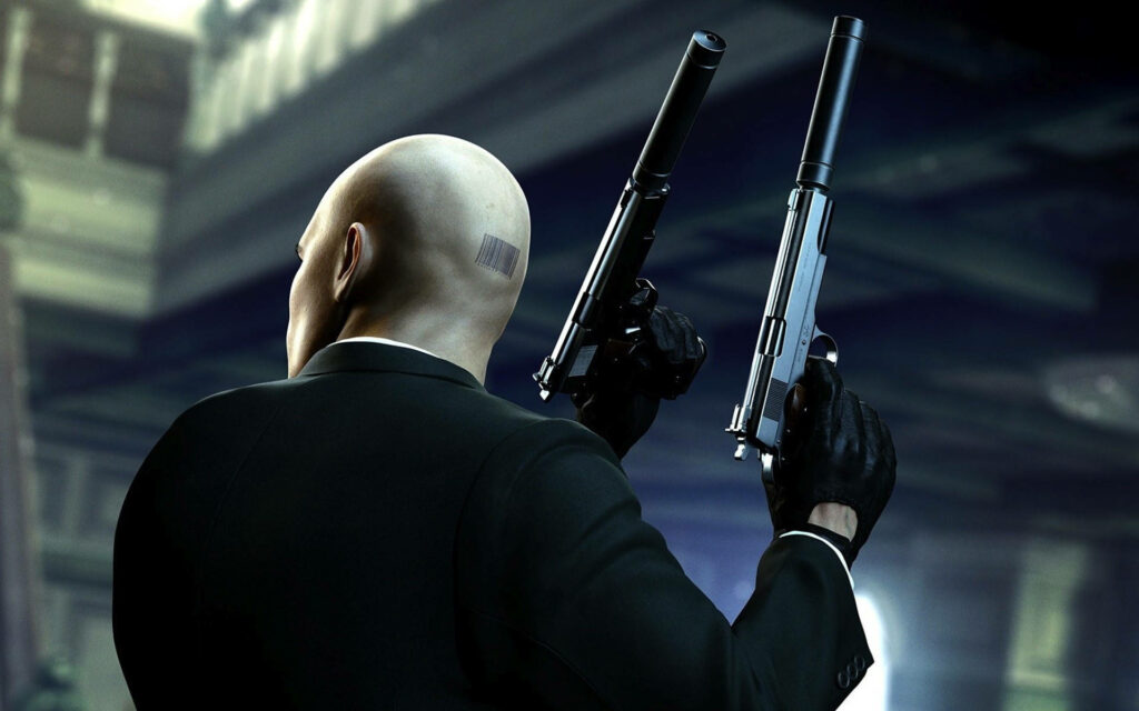 The Deadly Enigma: Agent 47's Barcode Unveiled in a Stealthy Weaponry Display Wallpaper