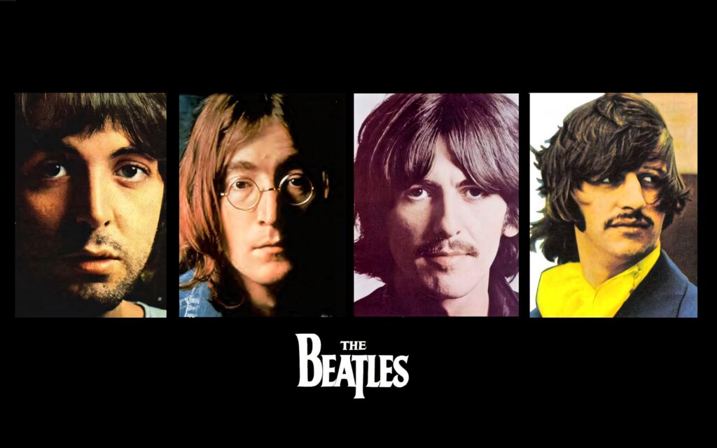 Colorful collage of The Beatles portraits with logo on vibrant wallpaper background