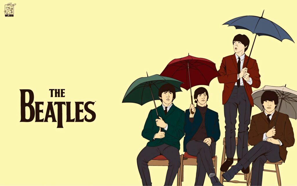 The Beatles with colorful umbrellas art wallpaper featuring Lennon McCartney Harrison Starr