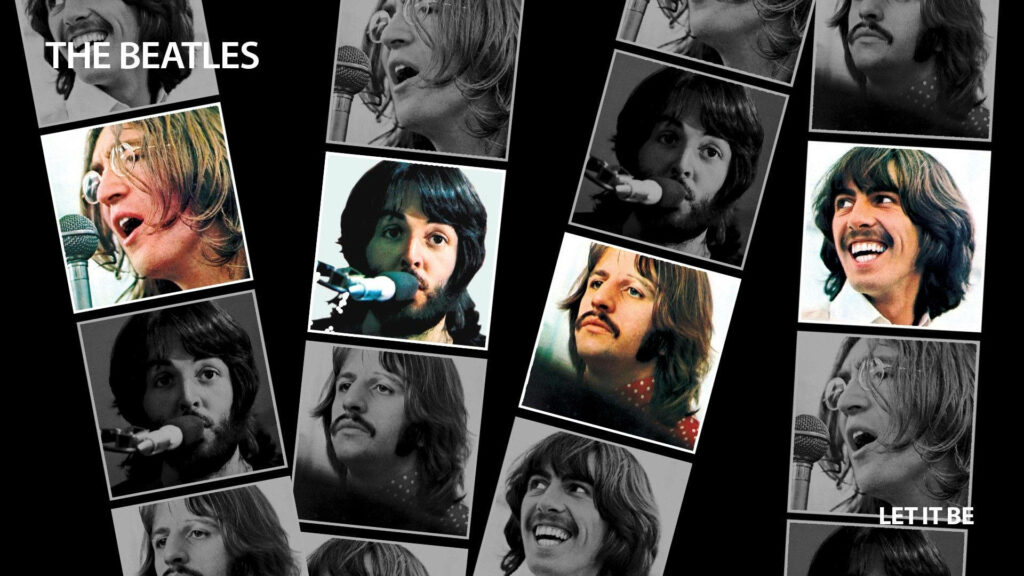 Vibrant Beatles Let It Be era collage wallpaper with John Lennon Paul McCartney George Harrison and Ringo Starr