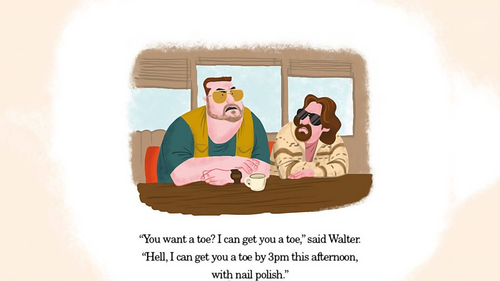 Cartoon illustration of The Dude and Walter Sobchak diner scene Big Lebowski quote wallpaper