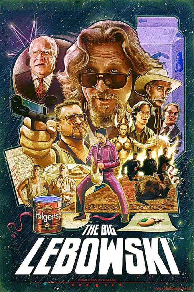 Vibrant Big Lebowski wallpaper featuring The Dude Walter Sobchak Jesus Quintana and Folgers can