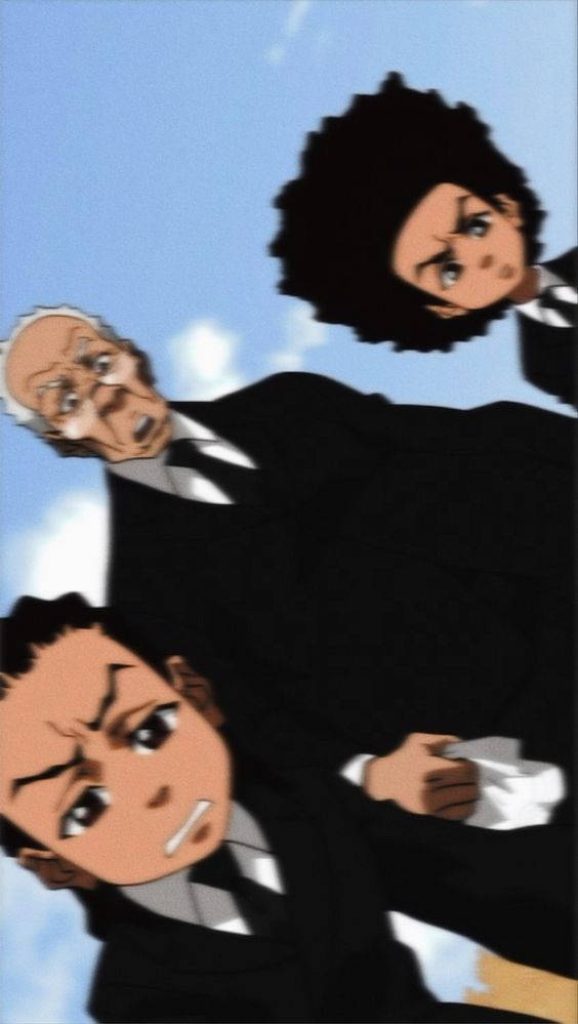 Boondocks characters Huey Riley Granddad in black suits low angle blue sky anime wallpaper background