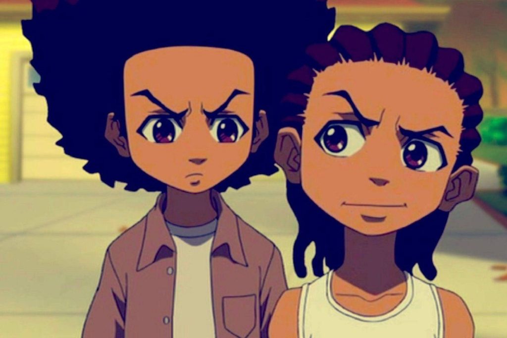 Huey and Riley Freeman from The Boondocks vibrant animated wallpaper in suburban scene