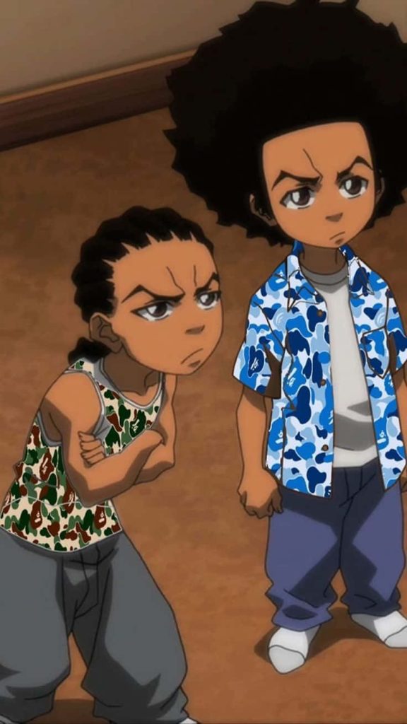Boondocks wallpaper with Riley in green camo tank and Huey with afro in blue camo shirt