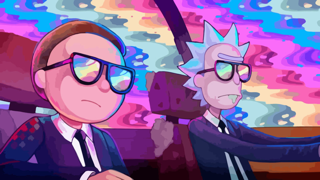 Rick and Morty wallpaper neon dimension duo in black suits and sunglasses cruising psychedelic background