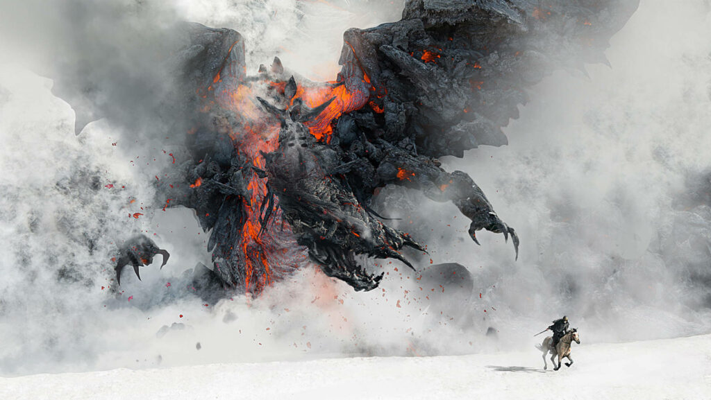 Knight's Daring Escape: Conquering the Lava Dragon in Snowland's Inferno Wallpaper