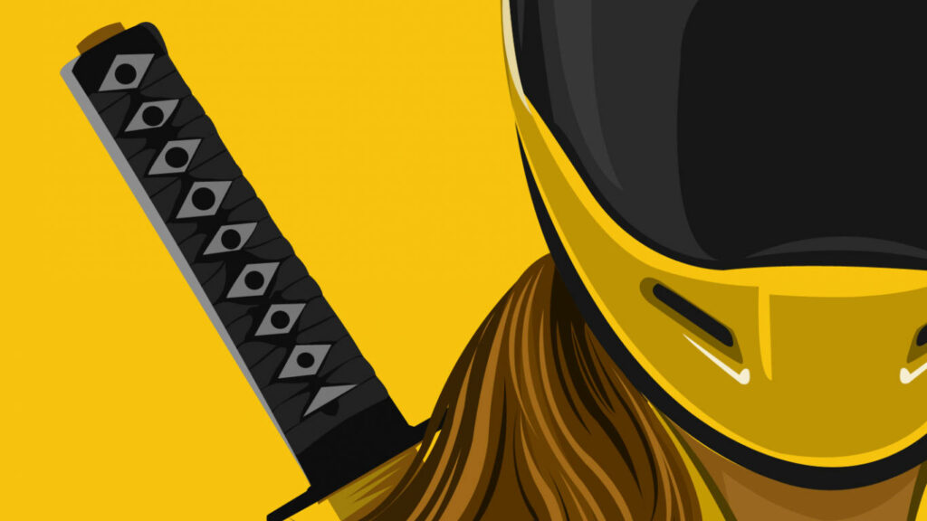 Kill Bill's Vibrant Vector: The Bride Revs Up in Her Yellow Motorcycle Helmet Wallpaper
