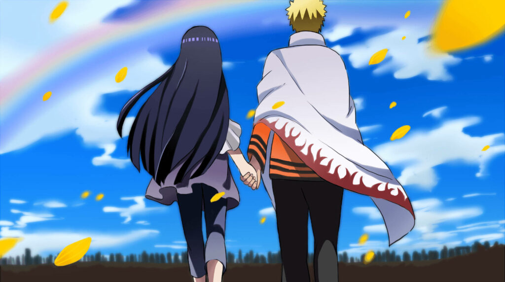 Naruto Hokage's Blissful Sky Stroll with Hinata Hyuga - Konoha's Radiant Power Couple Wallpaper