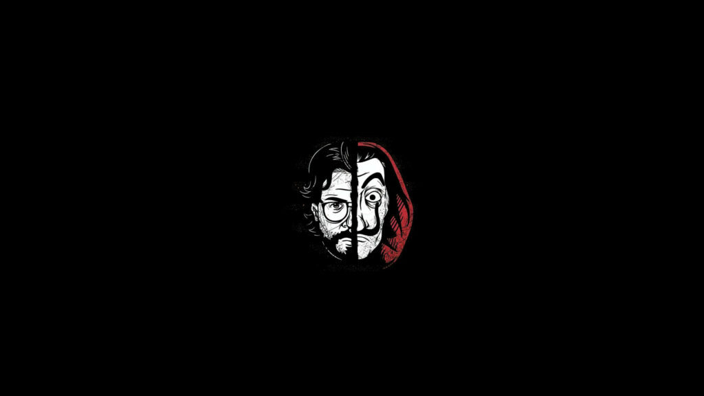 Mastermind's Mask: Captivating Money Heist Wallpaper featuring Professor's Half Dali Mask against a Mysterious Black Background