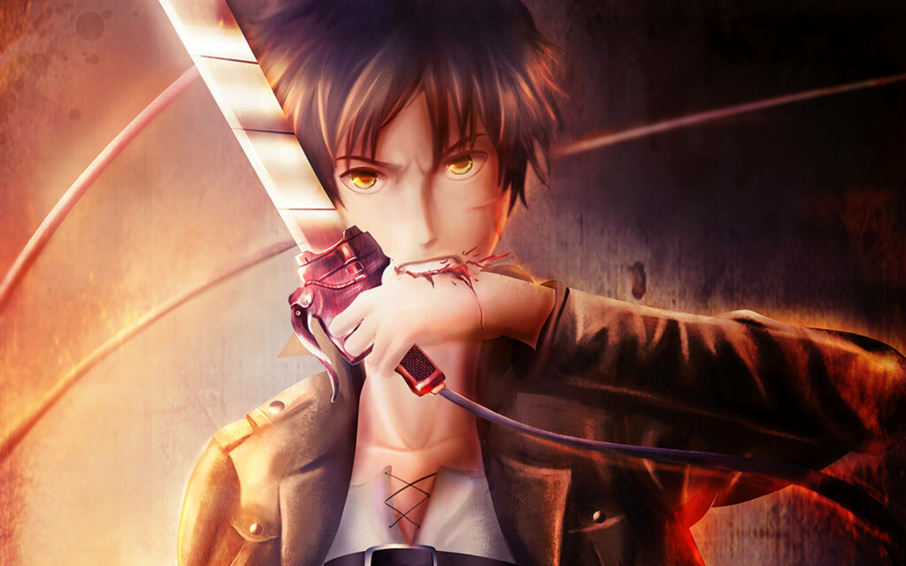 Intense Eren Yeager Wallpaper with Fiery Determination and Dramatic Background