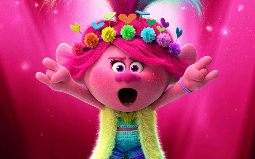 Rockin' and Rollin' with the Charismatic Poppy from Trolls in a Heartfelt Crown, amidst a Vibrant Trolls Background Wallpaper
