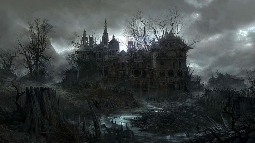 Ghostly Castle in the Uninhabited Woods: Chilling Desktop Wallpaper.