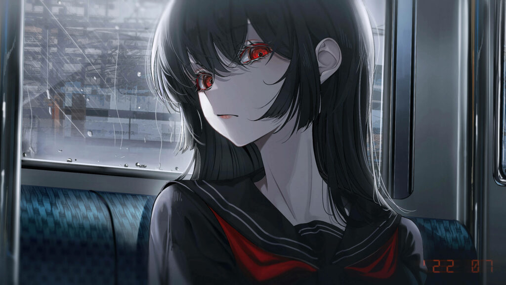 Nightmare in High Definition: Fiery-Eyed Anime Schoolgirl Haunts the Screen Wallpaper