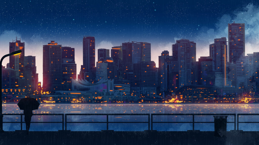 Watchful Woman: A Captivating Silhouette Against Yellow-Lit High Rises Wallpaper