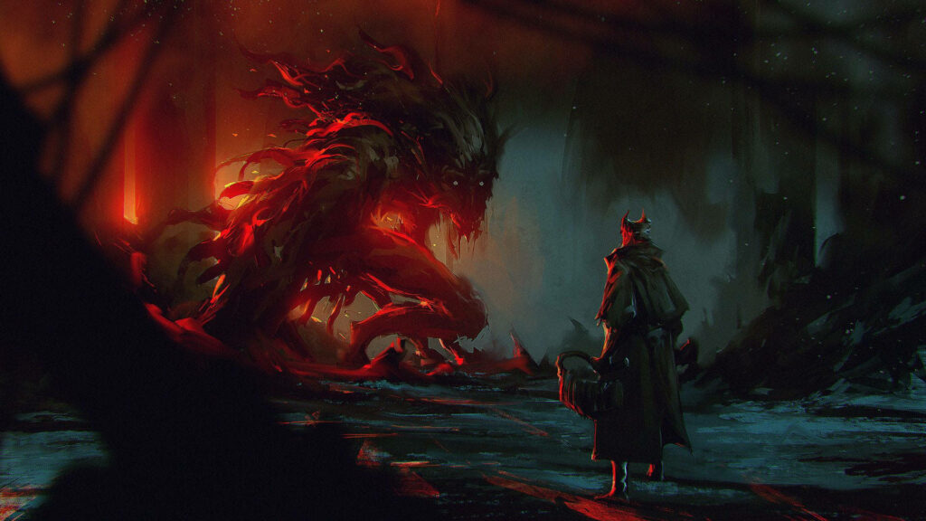 The Bloody Confrontation: Hunter vs. Cleric Beast in Yharnam Wallpaper