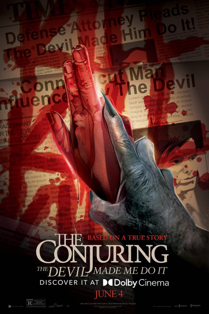 Sinister clawed hand on blood-red newspaper background The Conjuring Devil Made Me Do It wallpaper