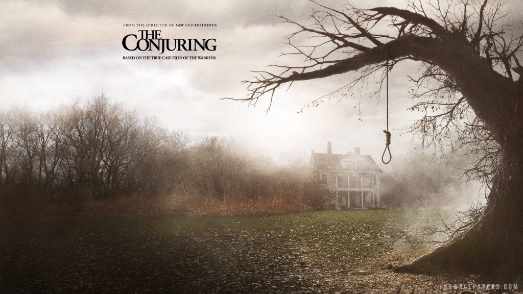 The Conjuring farmhouse poster with mist and noose creates a chilling horror desktop background Wallpaper
