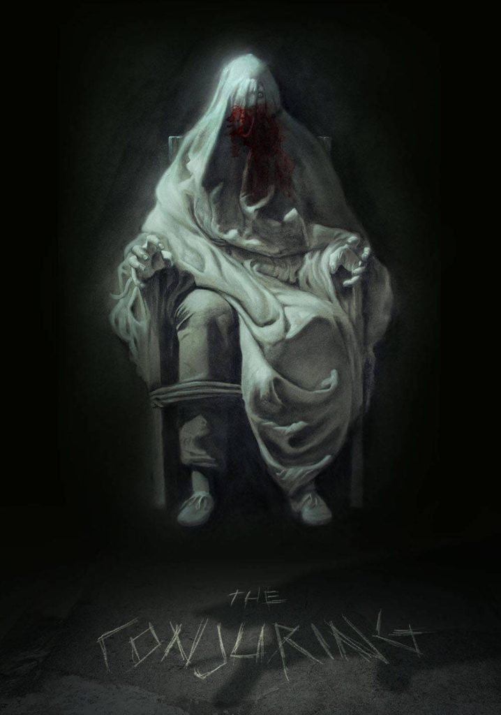 Bloodied sheet-draped figure seated chair horror wallpaper The Conjuring supernatural dread background