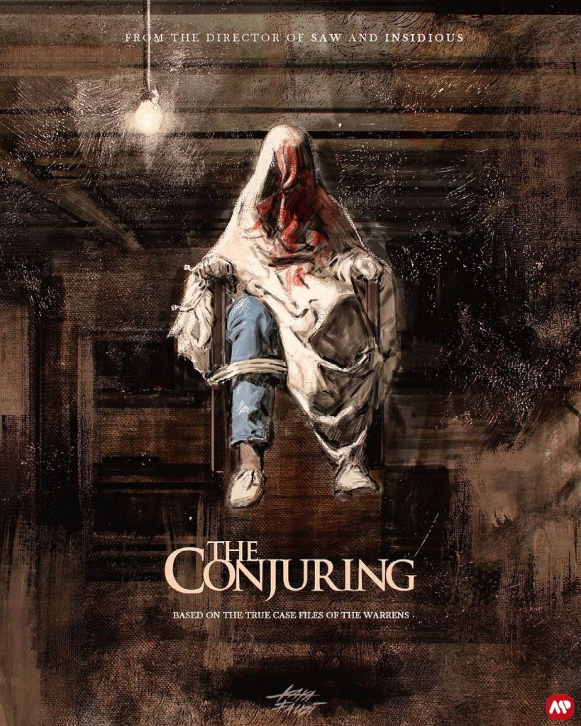 Blood-stained possessed figure floating in chair under dim light Conjuring horror wallpaper