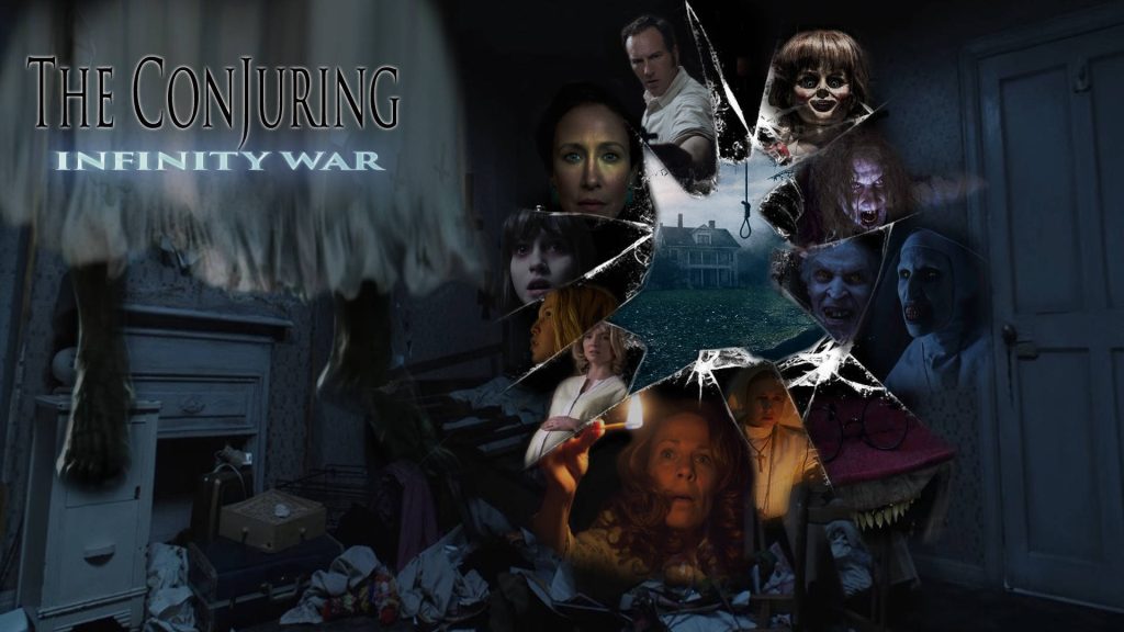 Digital collage wallpaper of The Conjuring universe with Ed Lorraine Warren Annabelle and The Nun