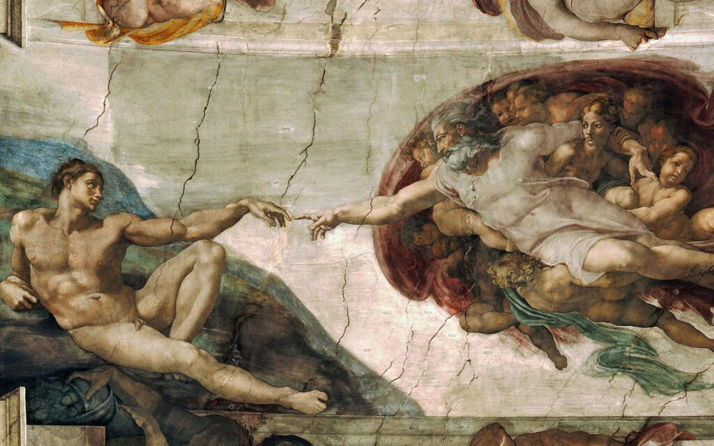 Divine Touch: A Captivating Renaissance Depiction of God and Adam's Connection Wallpaper