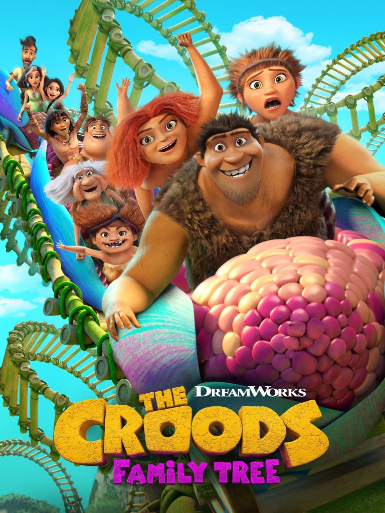 The Croods Family Tree characters racing a bamboo rollercoaster in vibrant 3D animation Wallpaper