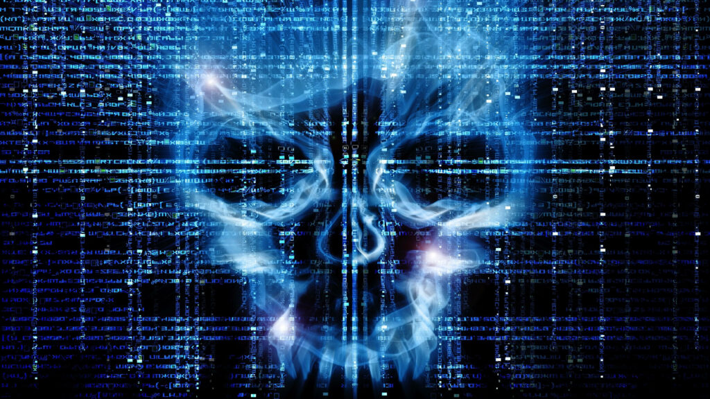 Digital Dominion: The Glowing Skull Hacker Emblem on Dark Textured Background Wallpaper