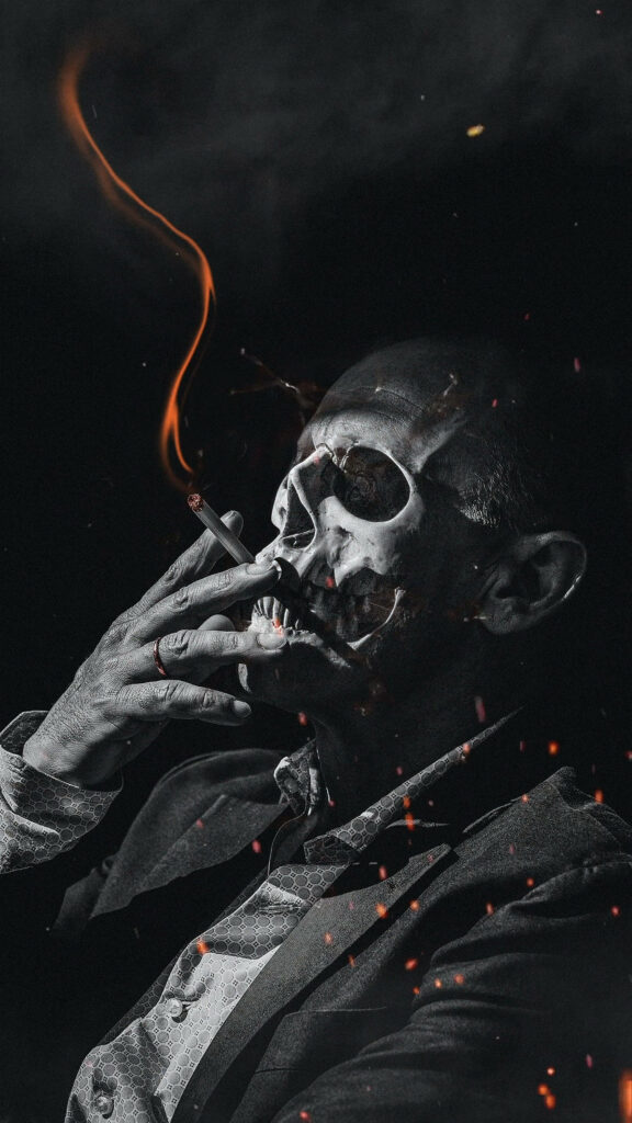 The Smoking Kingpin: A Noir Gangster Skull in Monochrome Wallpaper