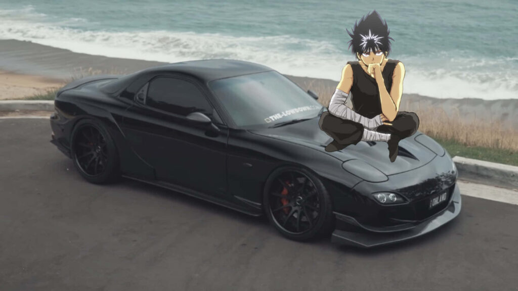 Warrior's Reflection: Hiei, the JDM Anime Spirit, Contemplating on the Black Mazda RX-7 Wallpaper