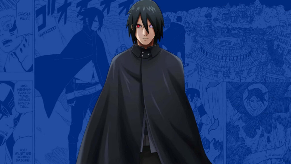 Dark and Powerful: Sasuke Uchiha, the Enigmatic Manga Hero, Adorned in a Sleek Black Cape, Against a Vivid Blue Comic Art Background Wallpaper