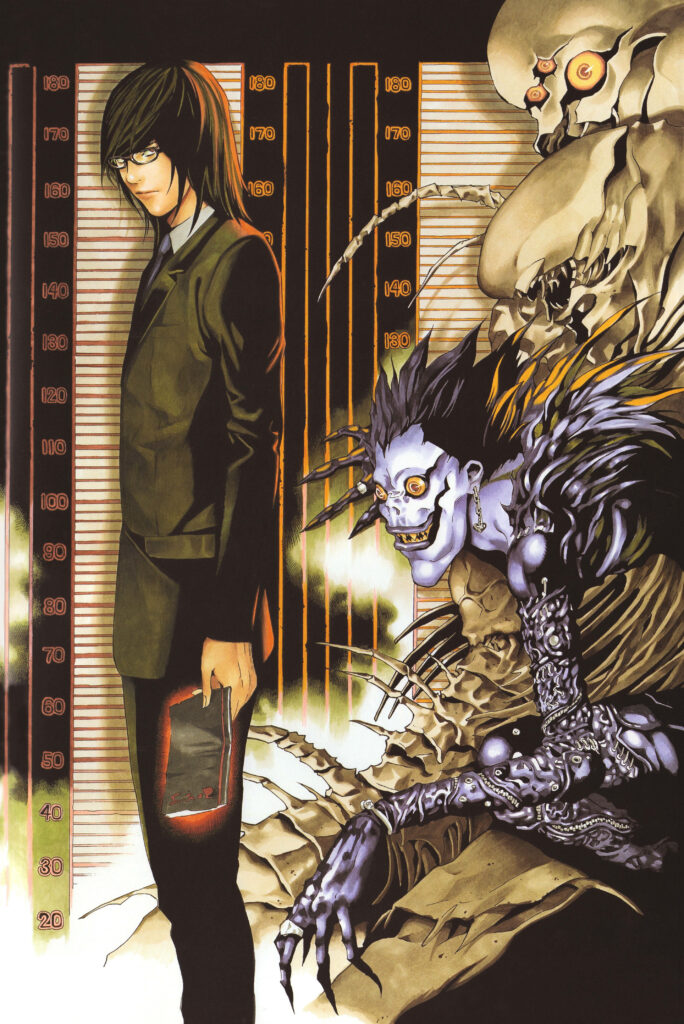 The Divine Power Unleashed: Teru Mikami and Ryuk Reign over Death Note Phone Background Wallpaper