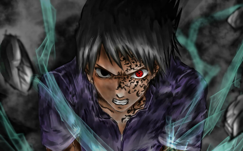 Raging Sasuke Uchiha: Battle Within the Shadows - A Captivating Naruto Character Portrait Wallpaper