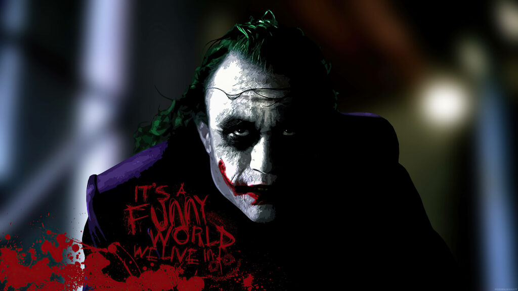 Heath Ledger Joker intense gaze dark wallpaper with blood red text chaotic Dark Knight villain