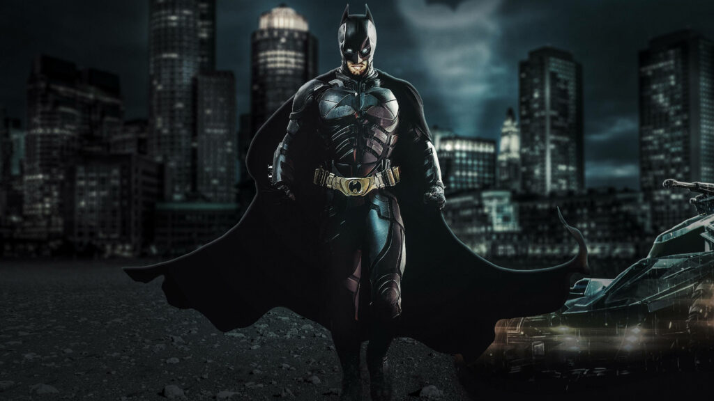 Determined Dark Knight: Batman's Excitement Leaps Against the Urban Skyline - 4k Wallpaper