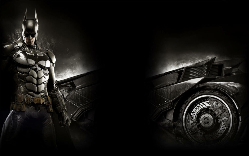 The Dark Knight Rises in 4K: Batman and His Batmobile Emerging from Mysterious Shadows on a Black Backdrop Wallpaper