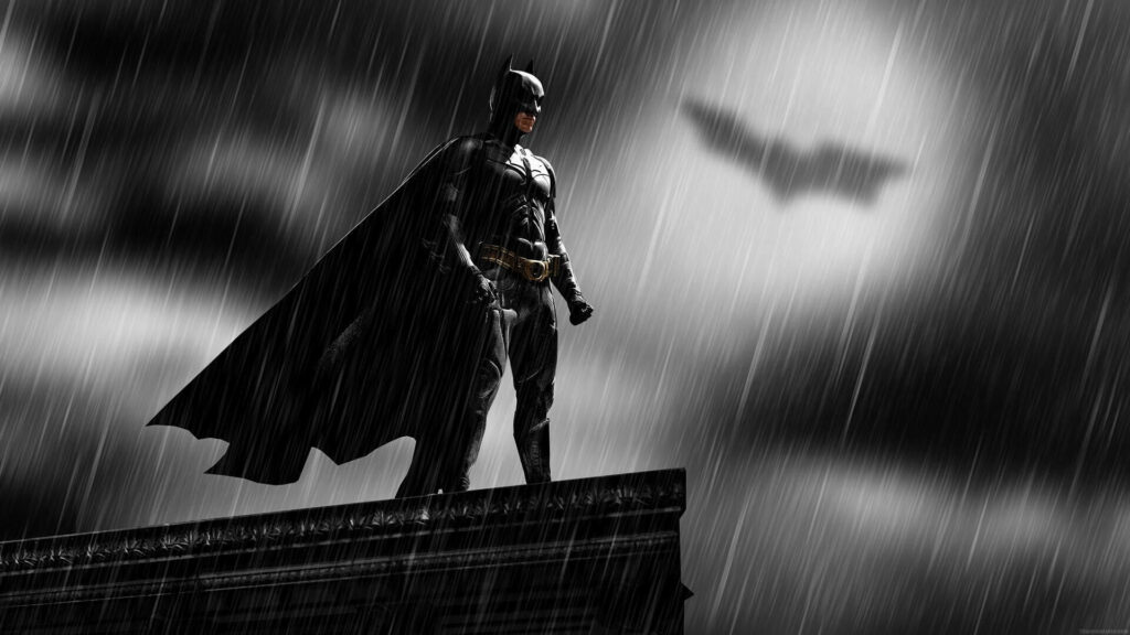 Batman on Gotham rooftop stormy night with glowing Bat-Signal dramatic lighting wallpaper