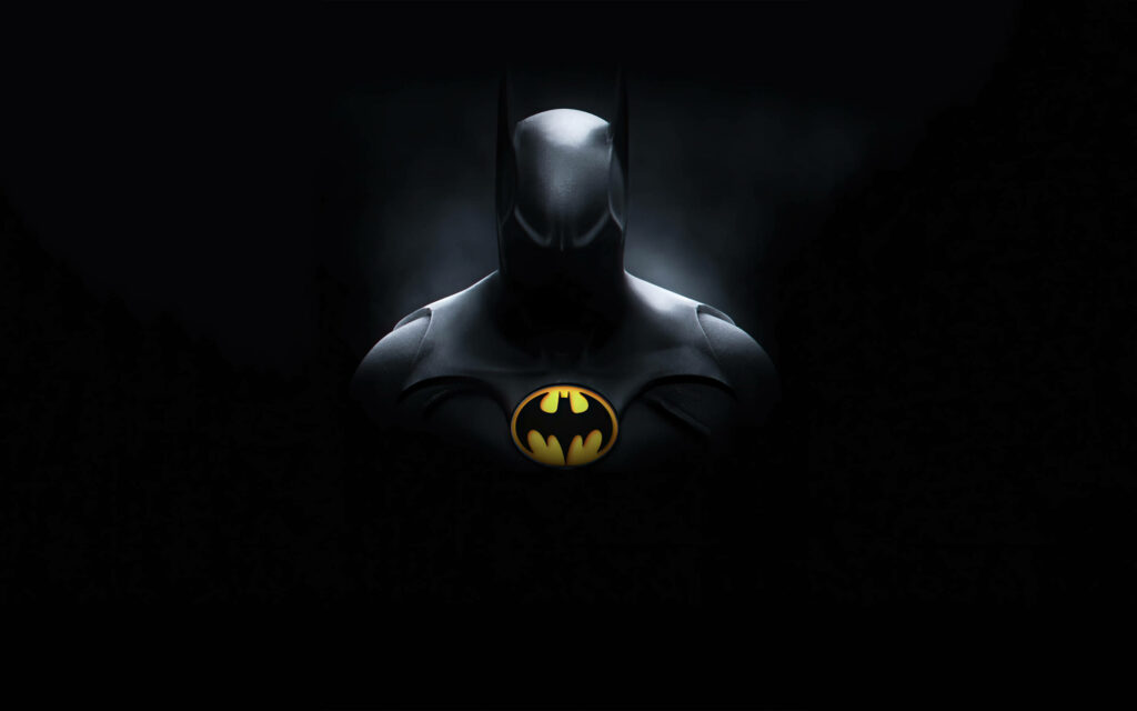 Digital illustration of Dark Knight Rises Batman with glowing logo in misty dark background wallpaper