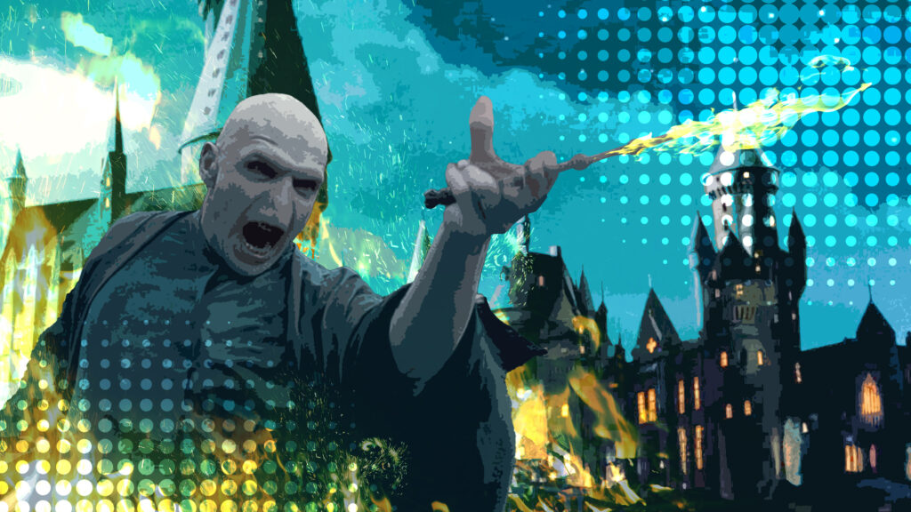 Fiery Ambience: Lord Voldemort's Spellbinding Power amidst the Burning Hogwarts Castle - An Aesthetic Journey into the Dark Arts Wallpaper
